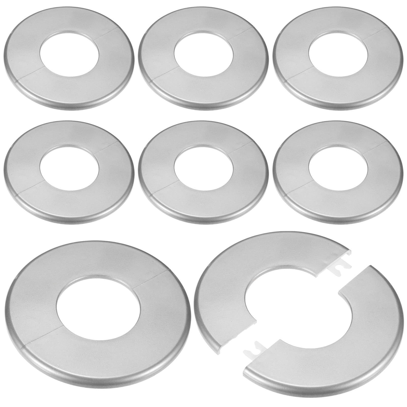 M METERXITY 8-Pack Wall Split Flange, 51mm[2.01"] ID ABS Round Self-Adhesive Escutcheon Plate Cover Buckle for Pipe Accessories/Floor/Ceiling, Plumbing Cover Plates [Silver, 115mm 4.53" OD]