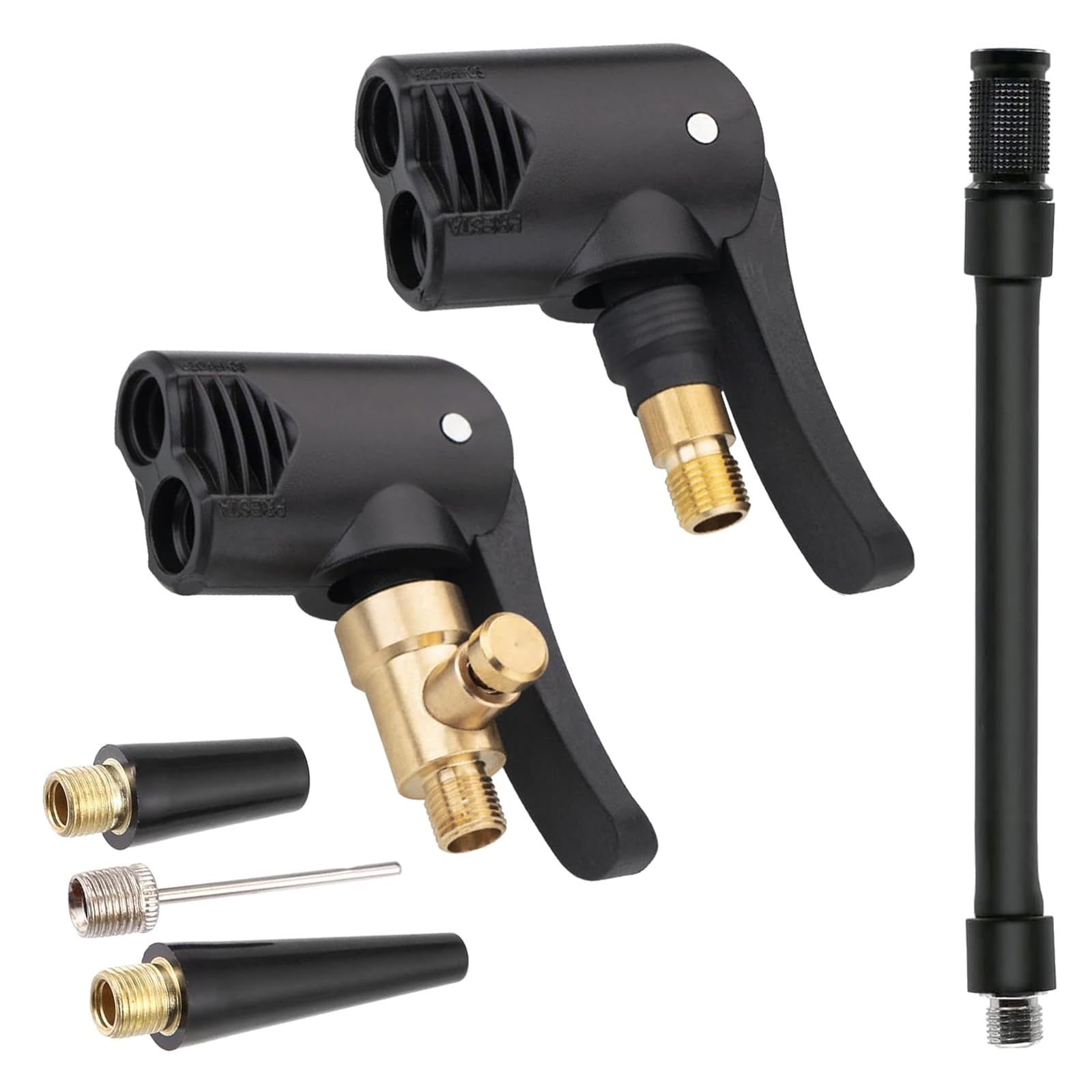 2 raccordi a Leva in Ottone per valvole Auto, Adattatore compressore per valvole Pneumatici Bici (Due raccordi + Tubo Nero da 16 cm + Accessori)
