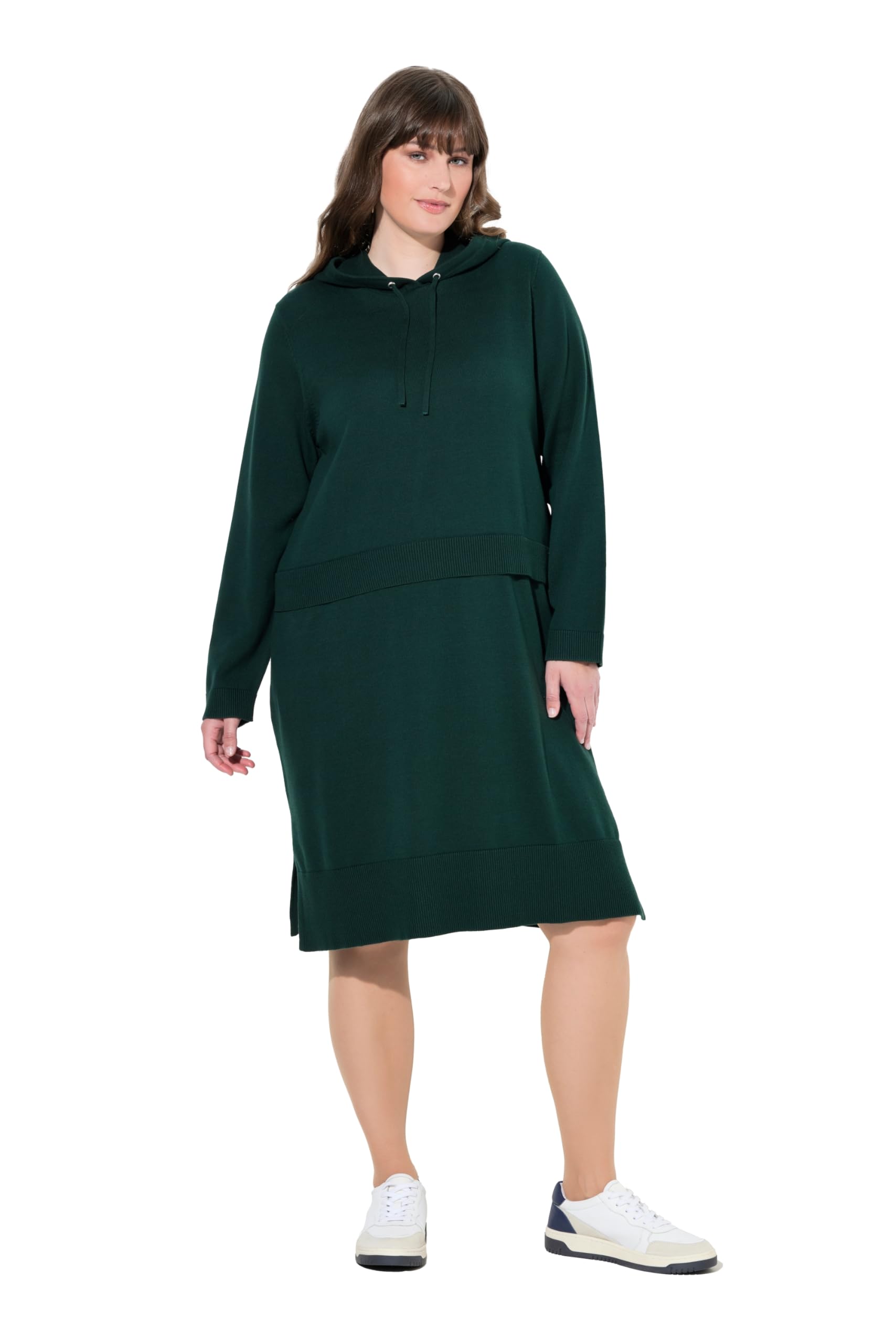 Ulla Popken Damen große Größen Übergrößen Plus Size Strickkleid, Lagenoptik, Kapuze, Langarm, Biobaumwolle 797418