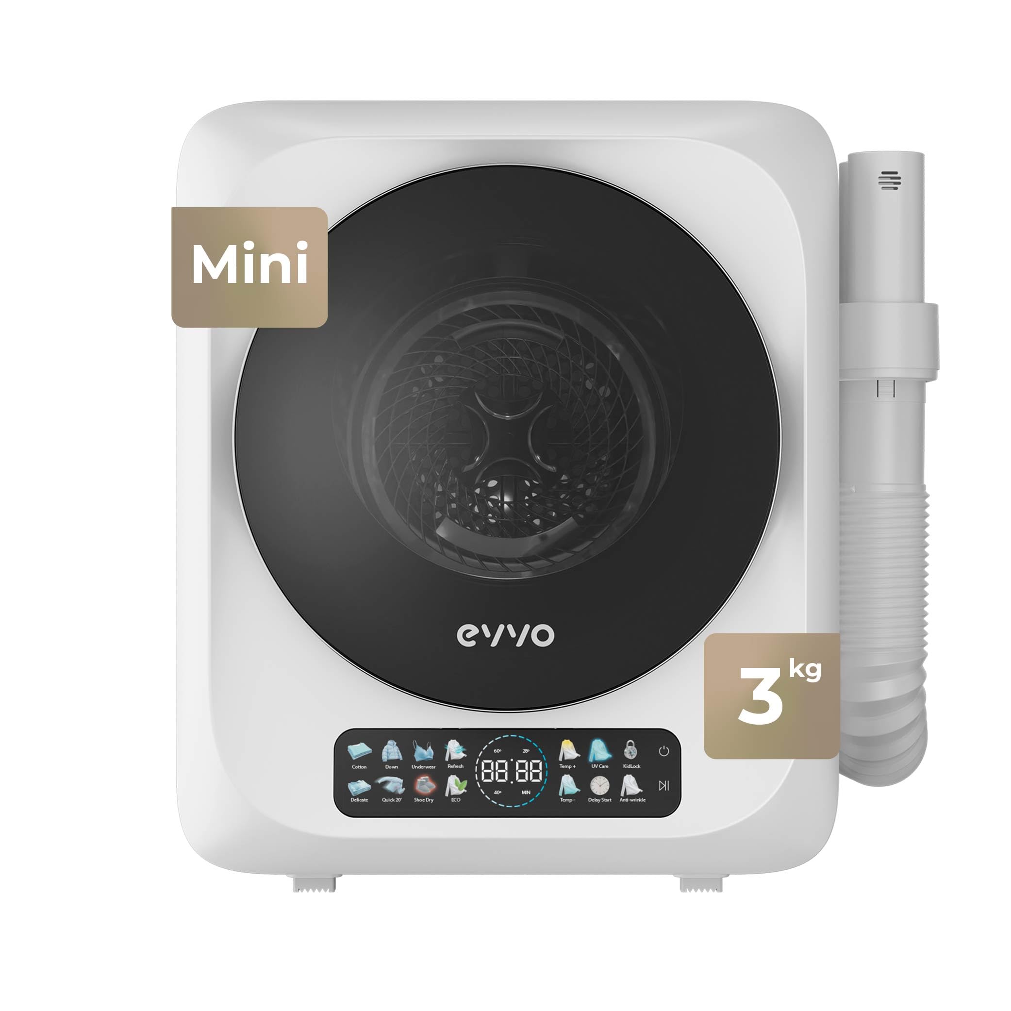 EVVO Secadora Mini S4 Plus – Secadora de Ropa Portátil 3 Kg, Diseño Mini Compacto, Panel Táctil, Higiene UV, Función Antiarrugas, Accesorio para Calzado, Mini Secadora Ideal para Espacios Reducidos