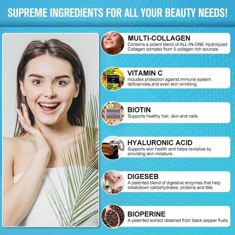 Multi-Collagen Complex + Biotin + Vitamin C – Types I, II, III, V & X – Natural Supplement for Hair, Skin, Nails & Joint Support, 2 Month Supply, 120 Softgels - Image 5