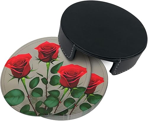 Miniatura 3 de Red Rose Flowers 1 Leather Coasters for Drinks Set of 6 for Tabletop Protection, Elegant Home Decor & Housewarming Gift