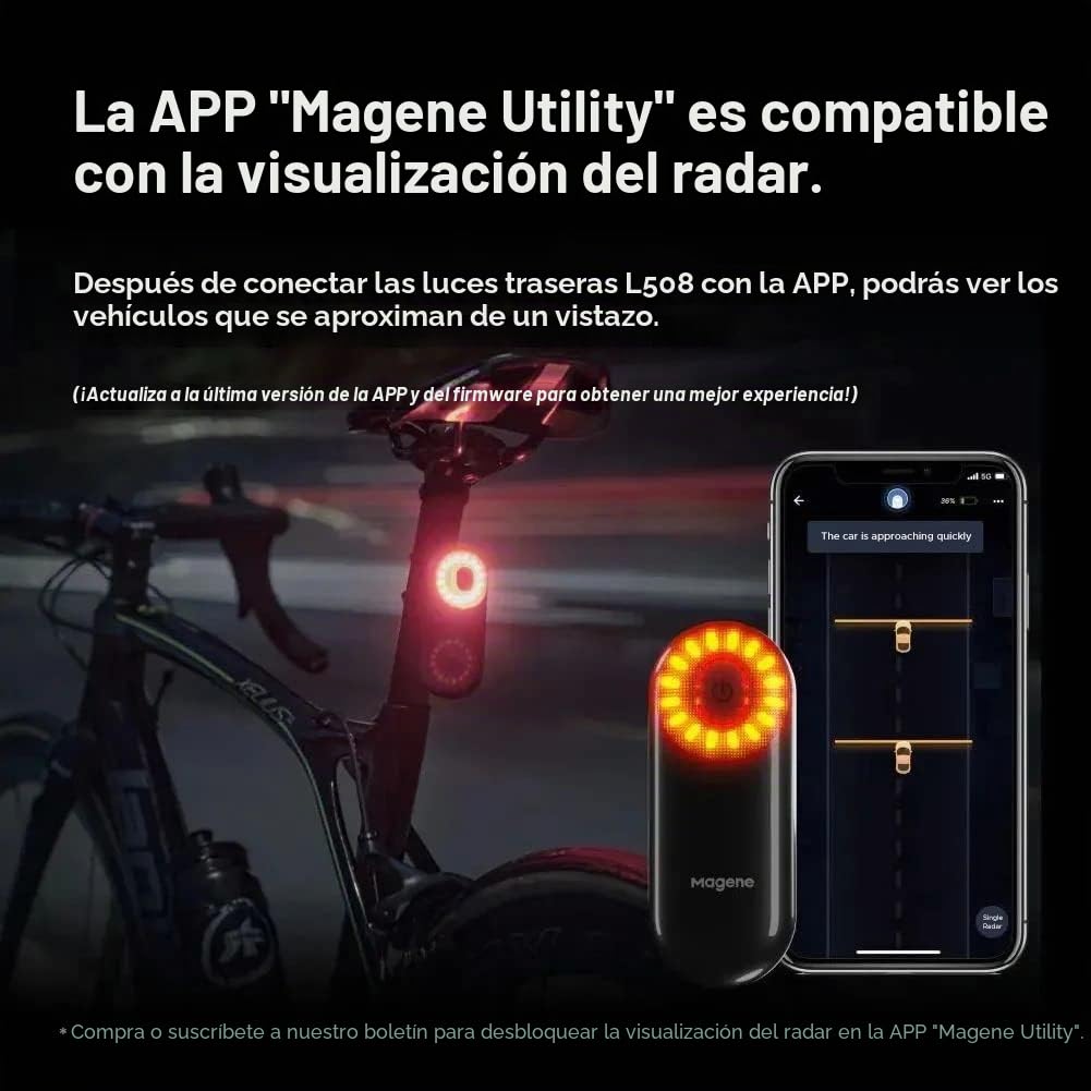 Magene L508 Luz trasera de radar de bicicleta, 5 modos de luz, luz trasera de bicicleta recargable tipo C para ciclismo MTB, bicicleta, batería de larga duración