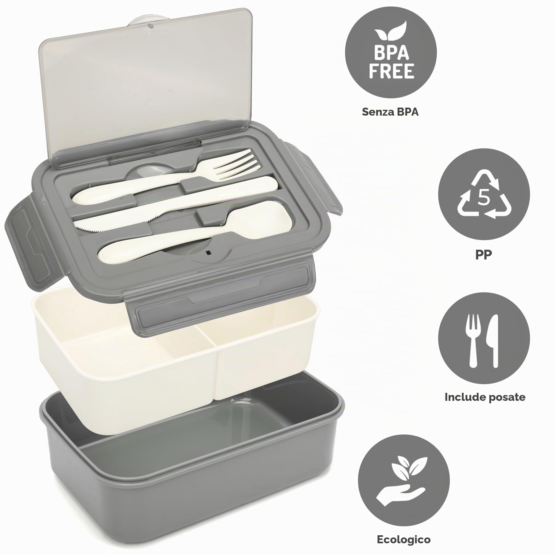 LUZOON Bento Lunch Box,1400ml Bento Box con 3 Scomparti e Posate per Adulti, Porta Pranzo con Posate e Scatola Per Salse,Senza BPA,Sicuri per Microonde e Lavastoviglie (Grigio)