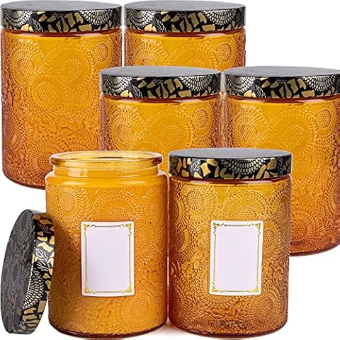 Art Secret 17.3 oz Embossed Glass Candle Container with Tin Lids and Labels, Candle Jars for Making Candles, Pack of 6 (Orange) Cover
