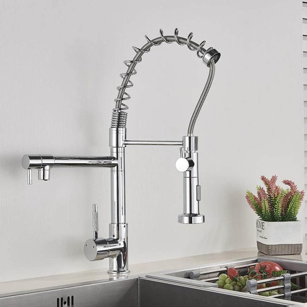 FCXWEVR Matte Black Bridge Kitchen Faucet with Dual Spouts Pull-Down Mixer Hot & Cold Water Tap Stylish Chrome Finish for Modern Sink Spring Design