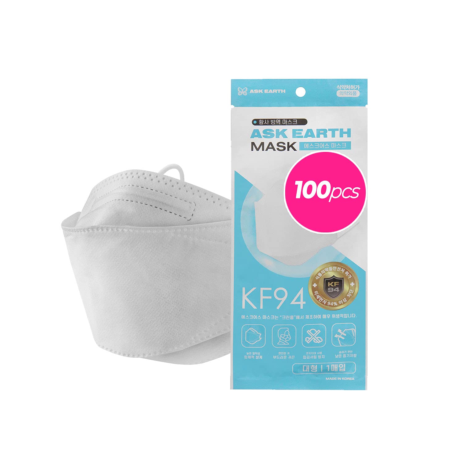 Ask Earth KF94 Face Masks 4 Layer Protection Safety Mask with 3D Design for Maximum Protection made in Korea (100, White)