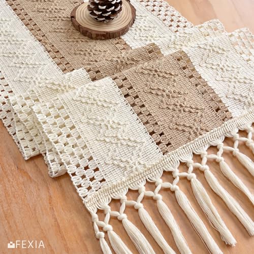 Image of Boho Table Runner 12x72 for Fall Home Decor Tassels Dresser Runner | 72 Inches Long Modern Farmhouse Rustic Burlap Table Decoration for Bedroom Living Dining Room Baby Shower Autumn Decor