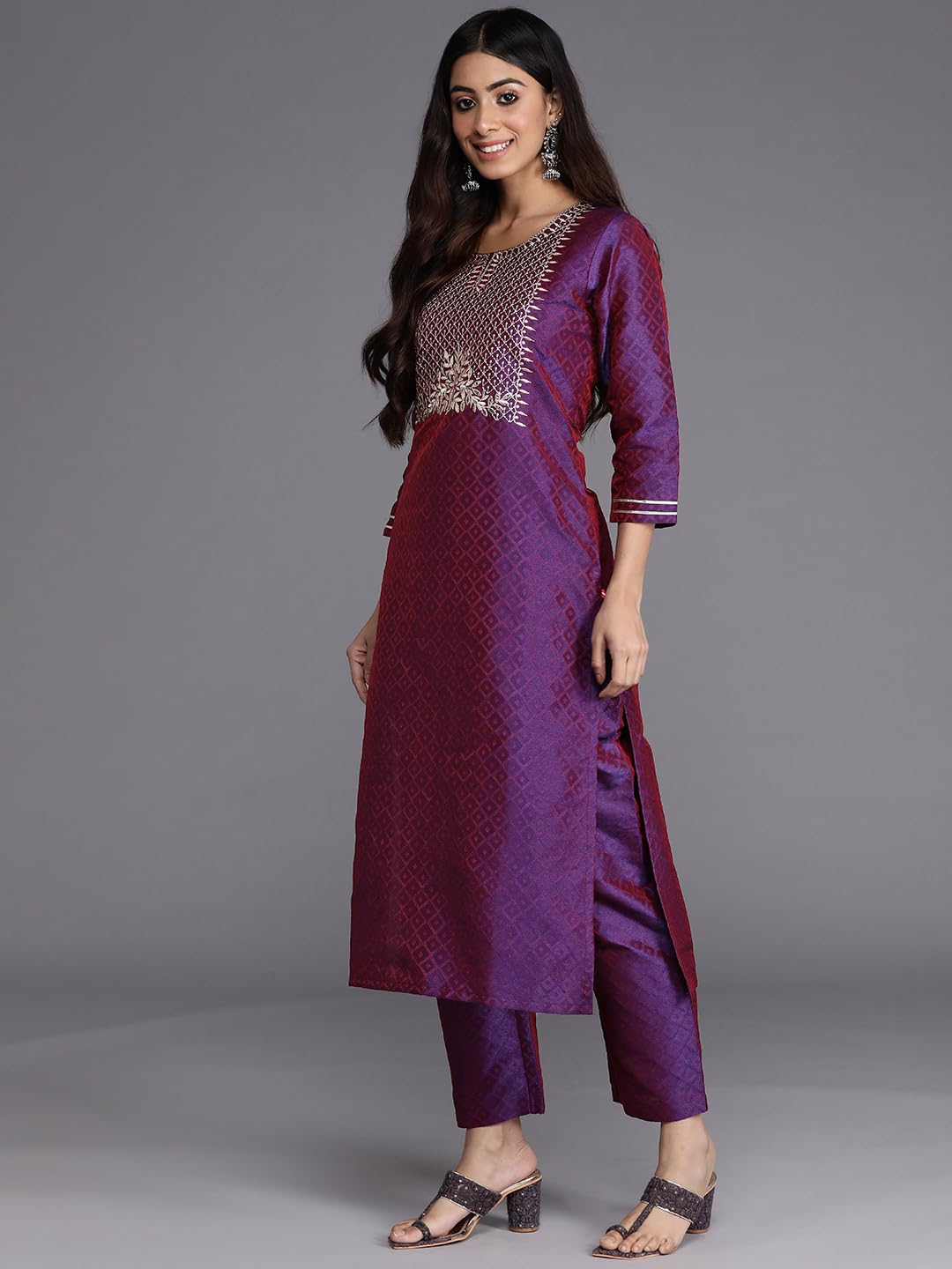 Varanga Women Purple Embroidered Kurta Paired With Tonal Bottom And Dupatta