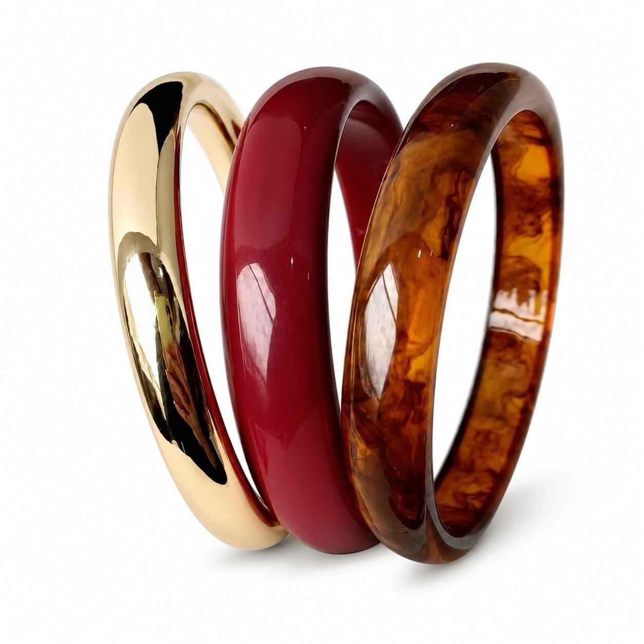 Bangle Bracelets for Women Acrylic Bangle Set Burgundy Brown Gold Bangles Chunky bangle set, acrylic bangles, burgundy bracelet, brown and gold-tone bangles, retro statement jewelry for women