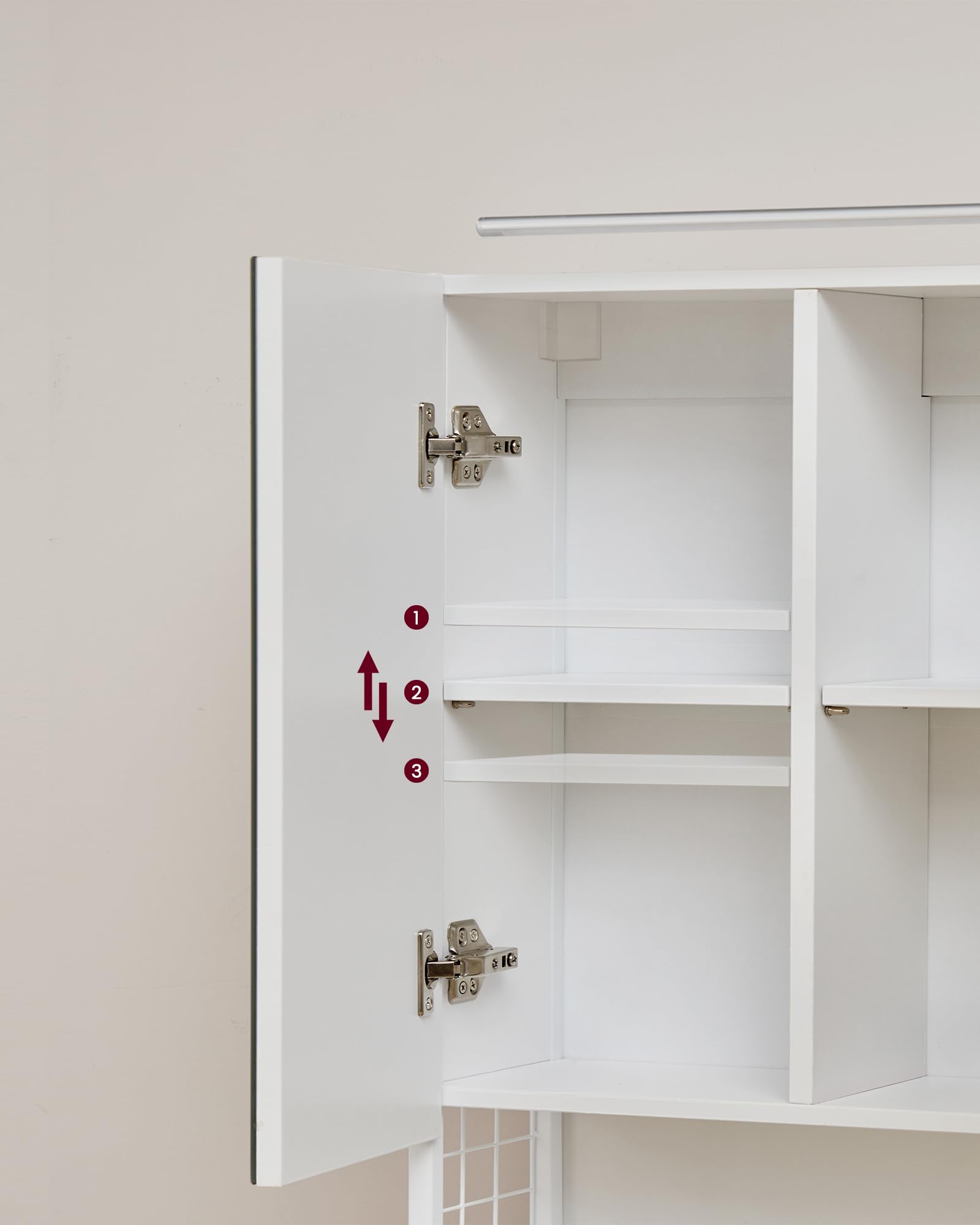 VASAGLE Armadietto da Bagno con Luce LED, 14,5 x 70 x 70 cm, Spina, Cestino Pensile, Porta Asciugacapelli, Mobile a Parete con Specchio, Bianco Nuvola BBK124W14