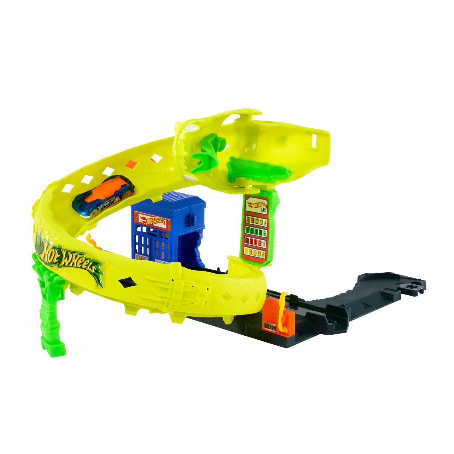 Hot Wheels Toy Car Track Set, Snake Gas Station Playset with 1:64