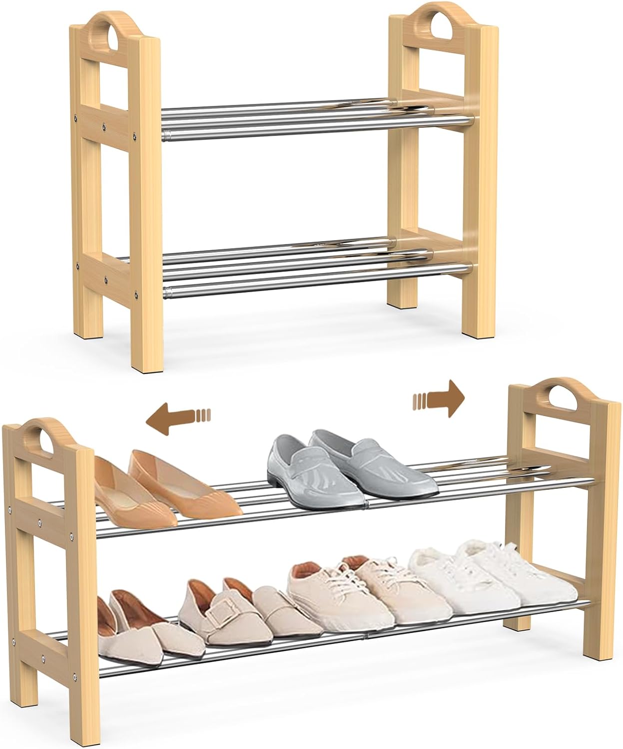 Wood 18“-33” Adjustable Shoe Rack Organizer for Entryway, 2 Tier Stainless Steel Expandable Shoe Racks Shelves Organizer Holder Storage and Organization