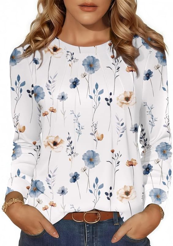 Long Sleeve Tunic Tops for Women Crew Neck Pleated T-Shirts Business Work Blouses Fall 2025 Clothes