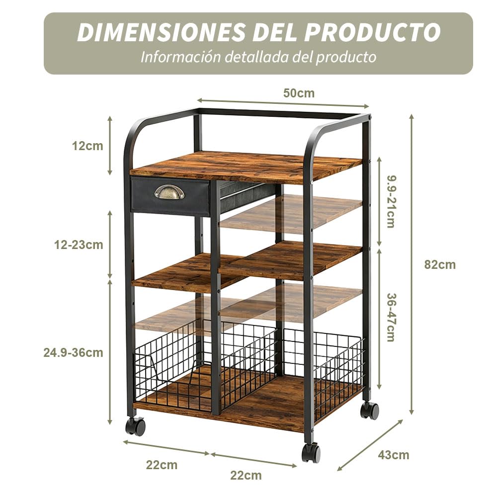 Carrito de Café con Cajón de Almacenamiento, 4 Niveles Ajustables | Barra de Café Móvil con Ruedas, Mesa Auxiliar de , Estación de Café Rústica de Madera Para Cocina, Entrada, Salón o Comedor