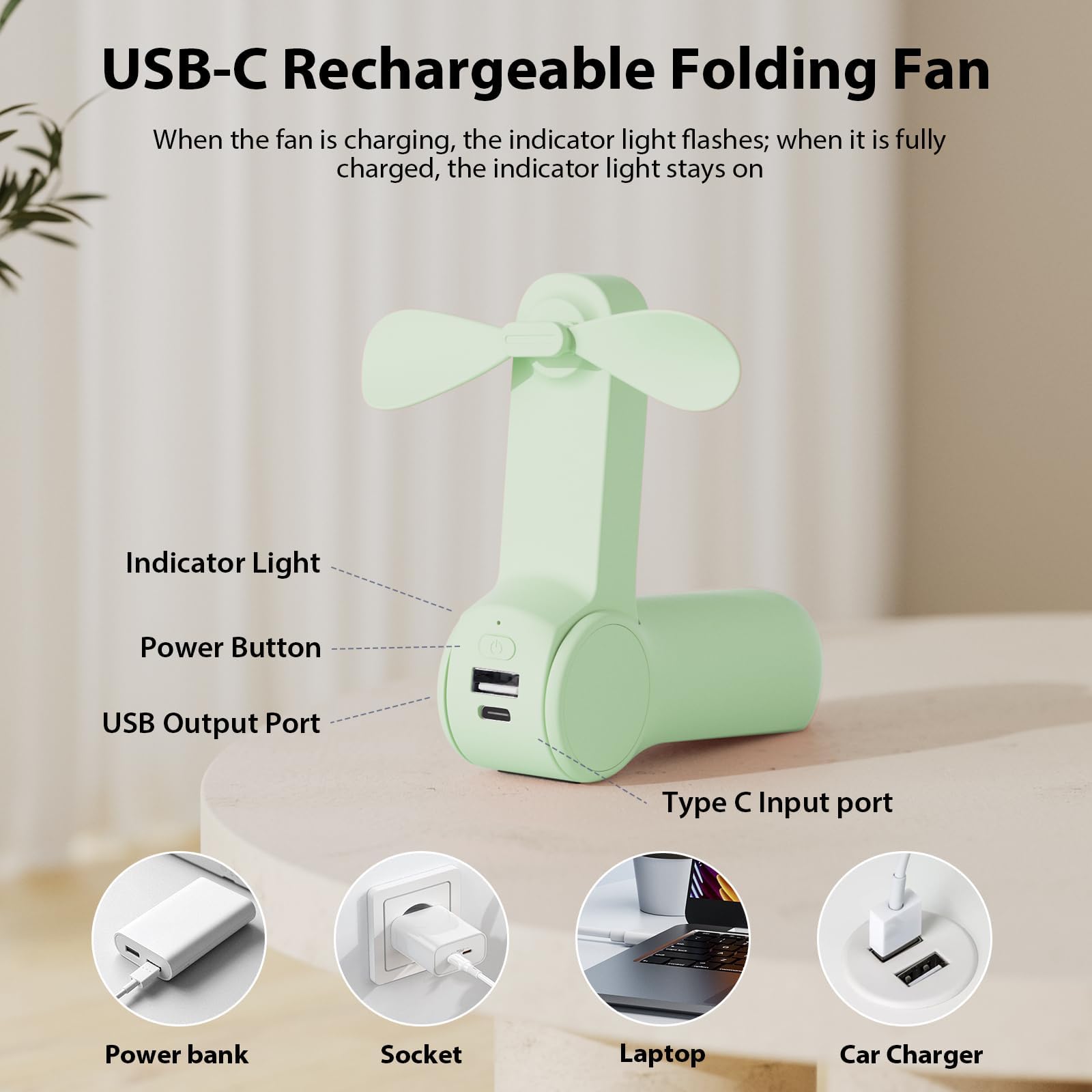 JATEKA Handventilator, Mini Ventilator mit 2500 mAh Powerbank USB Akku Aufladbar, Batteriebetrieben Max 16 Hrs Runtime Leiser Klein Tragbarer Ventilatoren mit Powerbank (Grün)