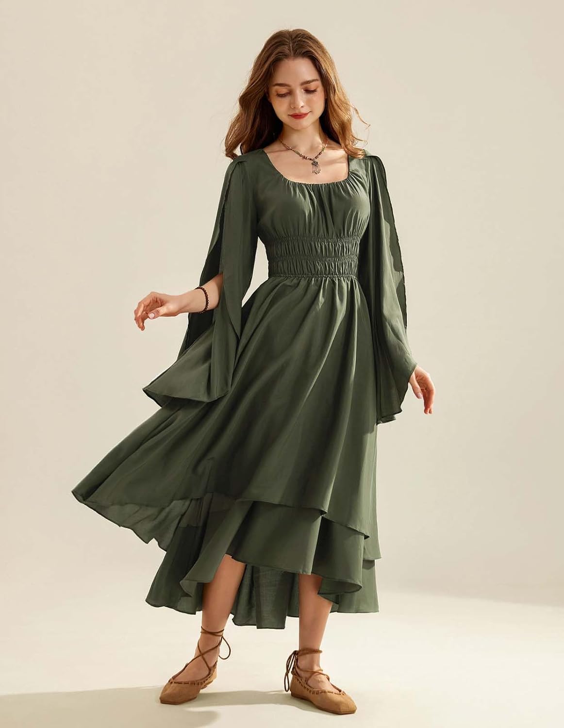 Scarlet Darkness Women Renaissance Costume Split Bell Sleeve Double Layered High Low Dress - Image 2