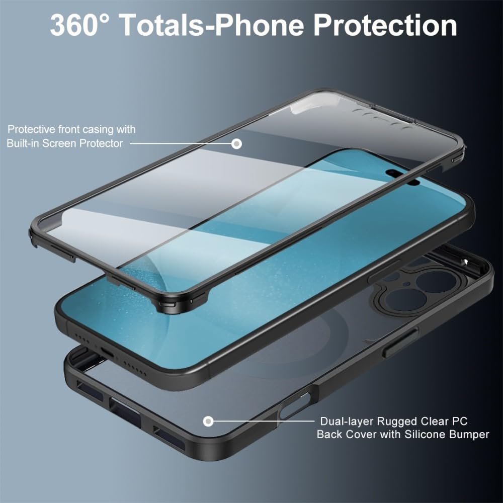 Generic Funda compatible con iPhone 15 (color: azul) funda magnética de cuerpo completo de silicona rígida transparente con protector de pantalla integrado