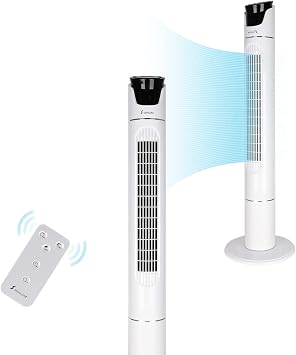 Tower Fan Oscillating 43 Inch High Velocity Wind Curve with Remote Control, 3 Speeds, Timer, Memory Function White