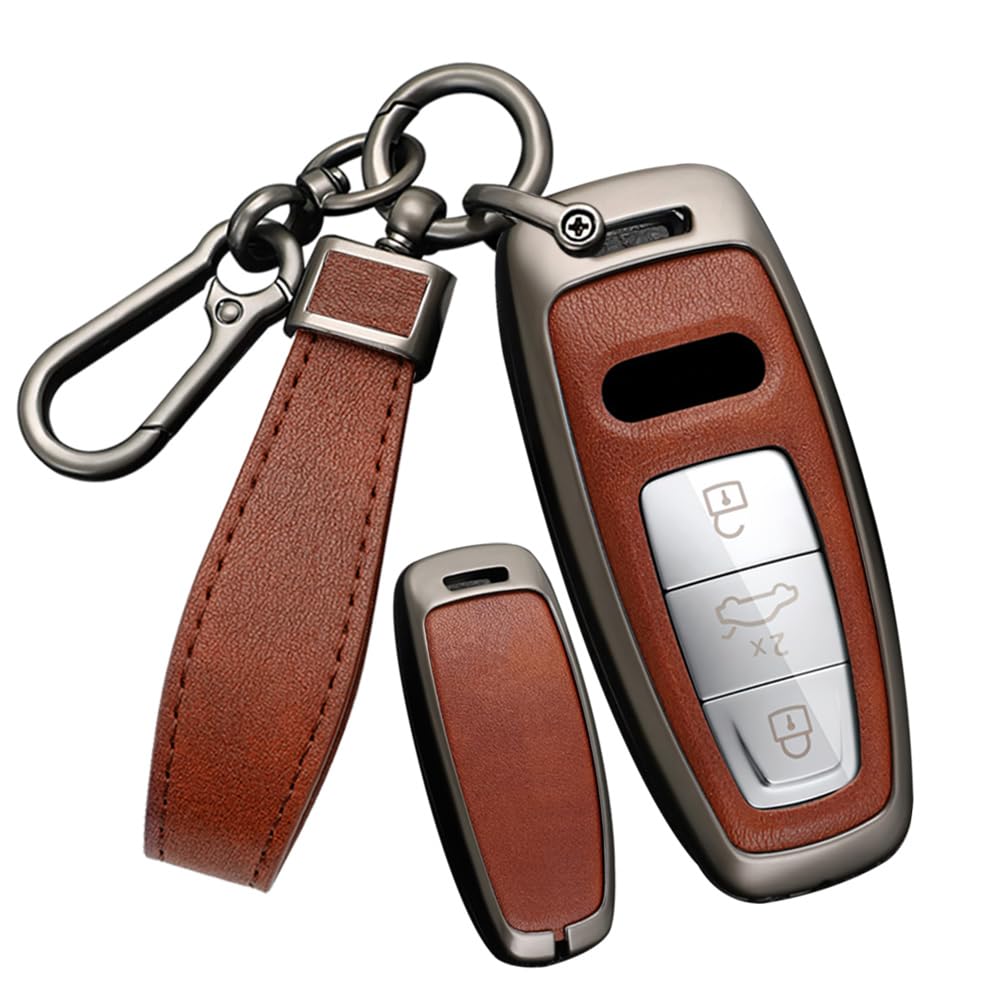 PU Leather Key Fob Cover Fit for Audi Q7 Q8 2021 2022 E-Tron A3 A6 A6L A7 A8 S3 S6 S7 SQ7 RS6 RS7 Keyless Full Protection Smart Key Case with Leather Keychain Black-brown