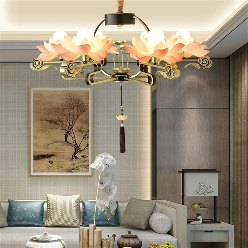 LYMSXAZOU Contemporary Lotus Pendent Lights Chinese Retro Creativity Villa Living Room Restaurant Bedroom Tearoom Study Hotel LED Decoration Chandelier (A 6 Lights)