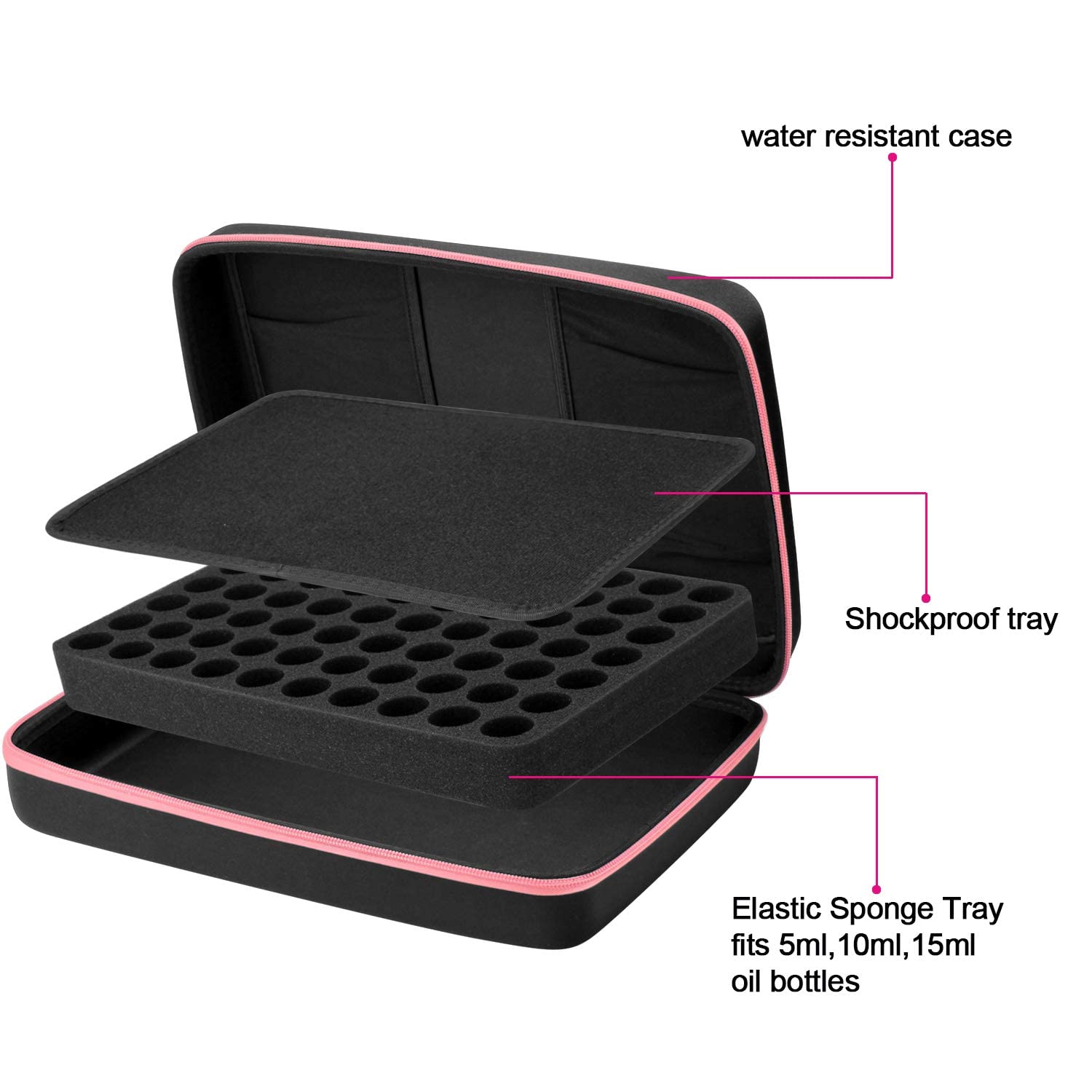 FITNATE Bolsa de Almacenamiento de Aceites Esenciales para Aceites Esenciales de 5 ml, 10 ml, 15 ml, 70 Botellas, Maletin Aceites Esenciales, Estuche de Viaje de Aceites Esenciales, Resistente, Rosa