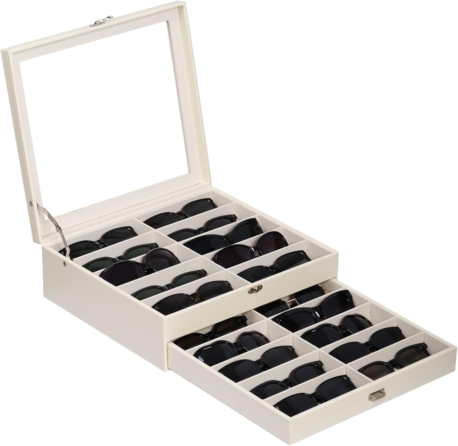 AUTOARK 2-Tier Lockable Glasses & Jewelry Organizer Case with Glass Top,20 Capacity PU Leather Display Box for Sunglasses,Watches,Rings,Ideal Gift for Home Office,Beige,MKAW-303