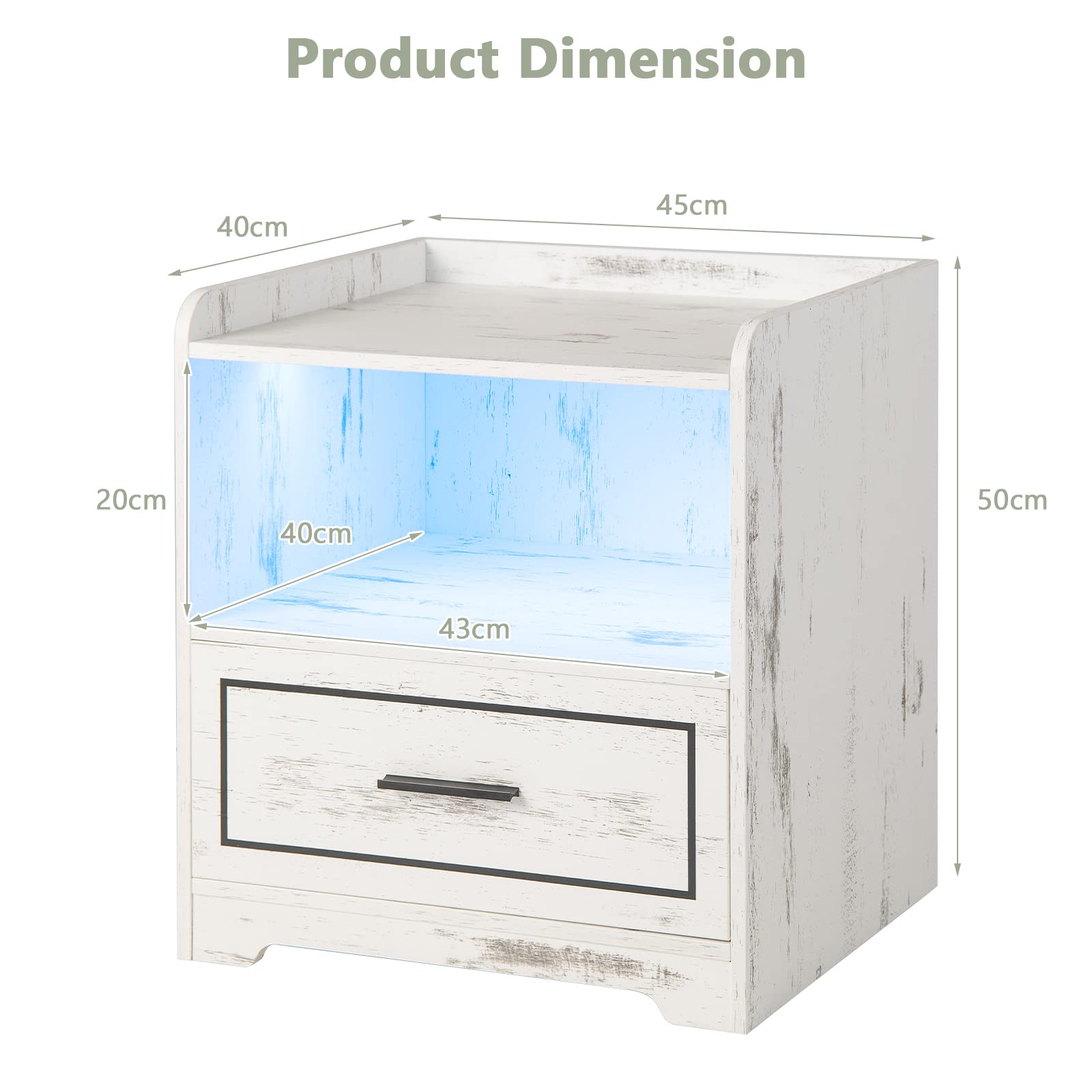 KOMFOTTEU Regulowany stolik nocny LED, ładowanie USB/Type-C, drewniana szuflada, Smart Tabel 45 x 40 x 50 cm (1, biały)