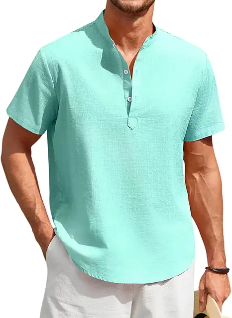Men's Linen Shirt with Stand-Up Collar - Short Sleeve Casual Overhemd Mao Kraag, Sizes S-4XL