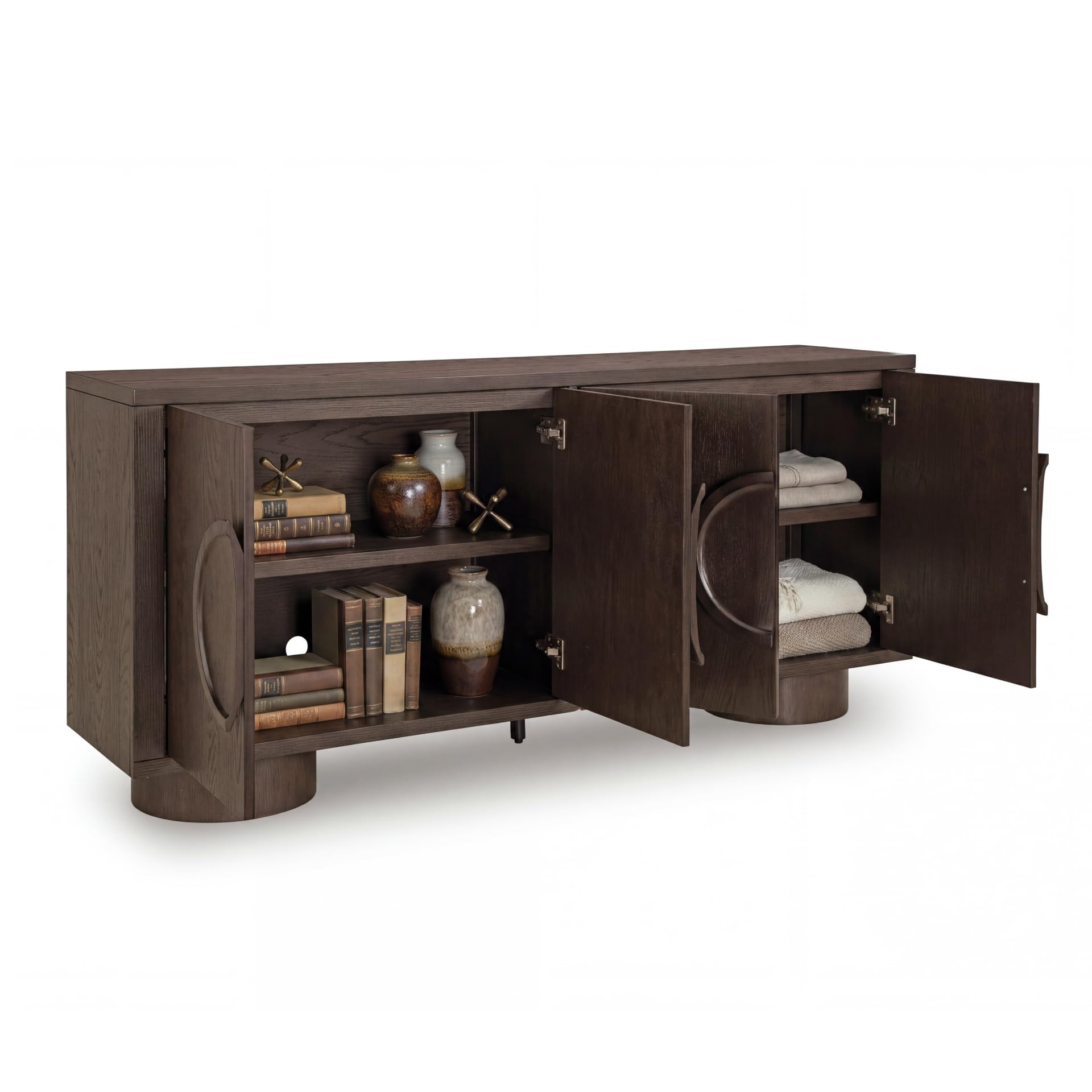 Condition photo showing New/Like New for signature design by ashley accent cabinet, 72" dark brown credenza, veeda | premium oak veneer construction, 72-inch tv stand, media console with cord management, contemporary 4-door sideboard