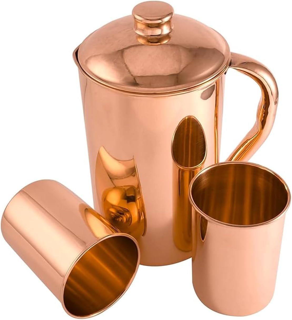 Brocca in rame puro al 100%, 1500 ml con 2 bicchieri, brocca per acqua potabile con bicchieri, set di brocche in rame con coperchio e tazze, borraccia con manico, benefici per la salute dell'Ayurveda
