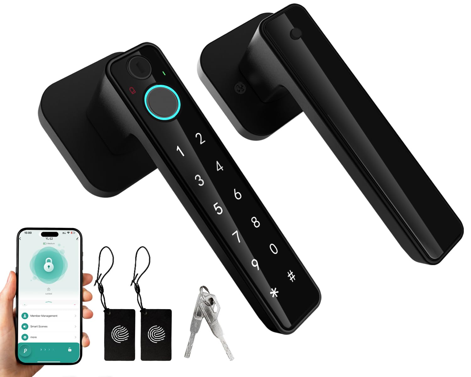 5-in-1 Smart Fingerprint Door Lock,Keyless Entry Digital Knob, Bluetooth App Control, Card and Key, Biometric Door Knob with Handle, Easy to Install