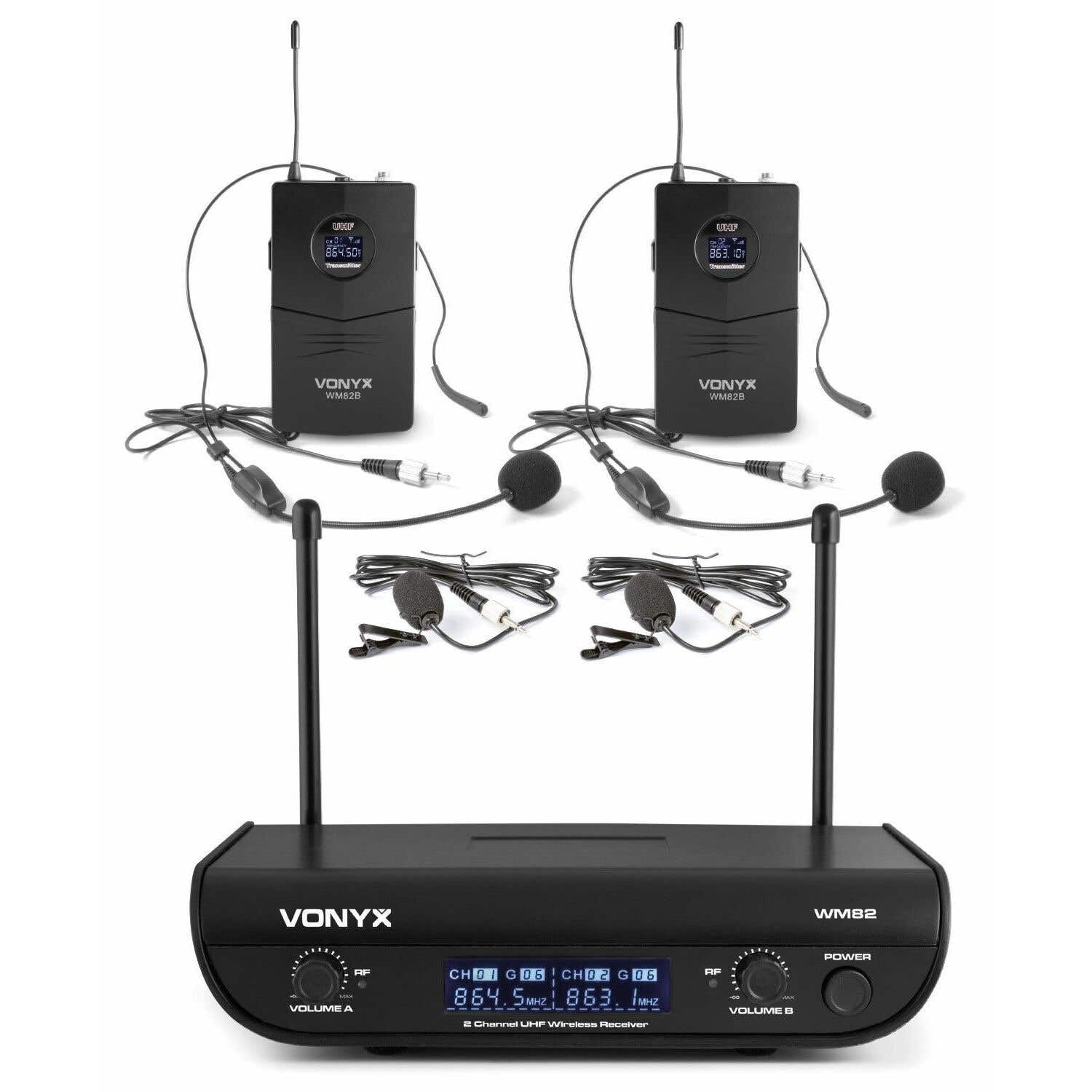 Vonyx WM82B Sistema UHF Digital con 2 Diademas | Diadema y solapa, receptor dual, salidas XLR, alcance hasta 50 m