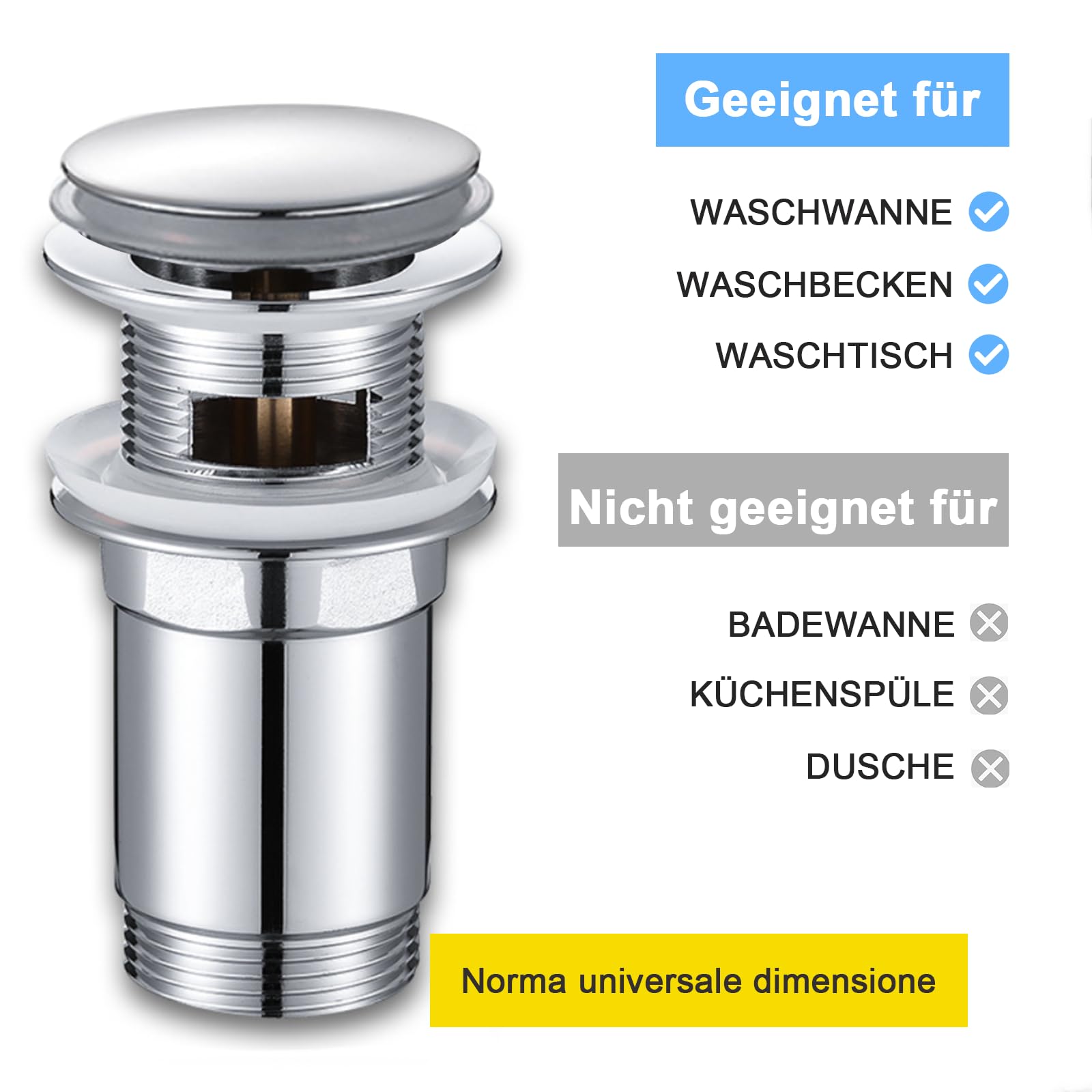 Piletta Lavabo con Troppopieno in Acciaio Inox, Valvola Pop-Up Universale per Lavandino