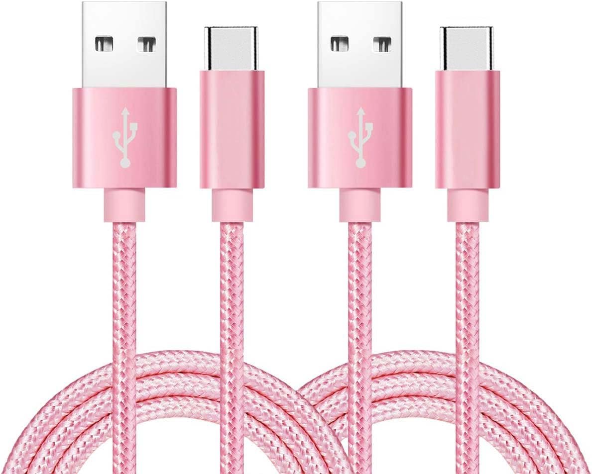 Type C 90 Degree Cable(USB 2.0) 2Pcs 10ft Nylon Braided Angled USB Type C Sync & Charging Cable Compatible for Samsung Galaxy S9 S8, Note 8, LG G6 G5 V20, Google Pixel, Nexus 5X/6P [Rose gold]