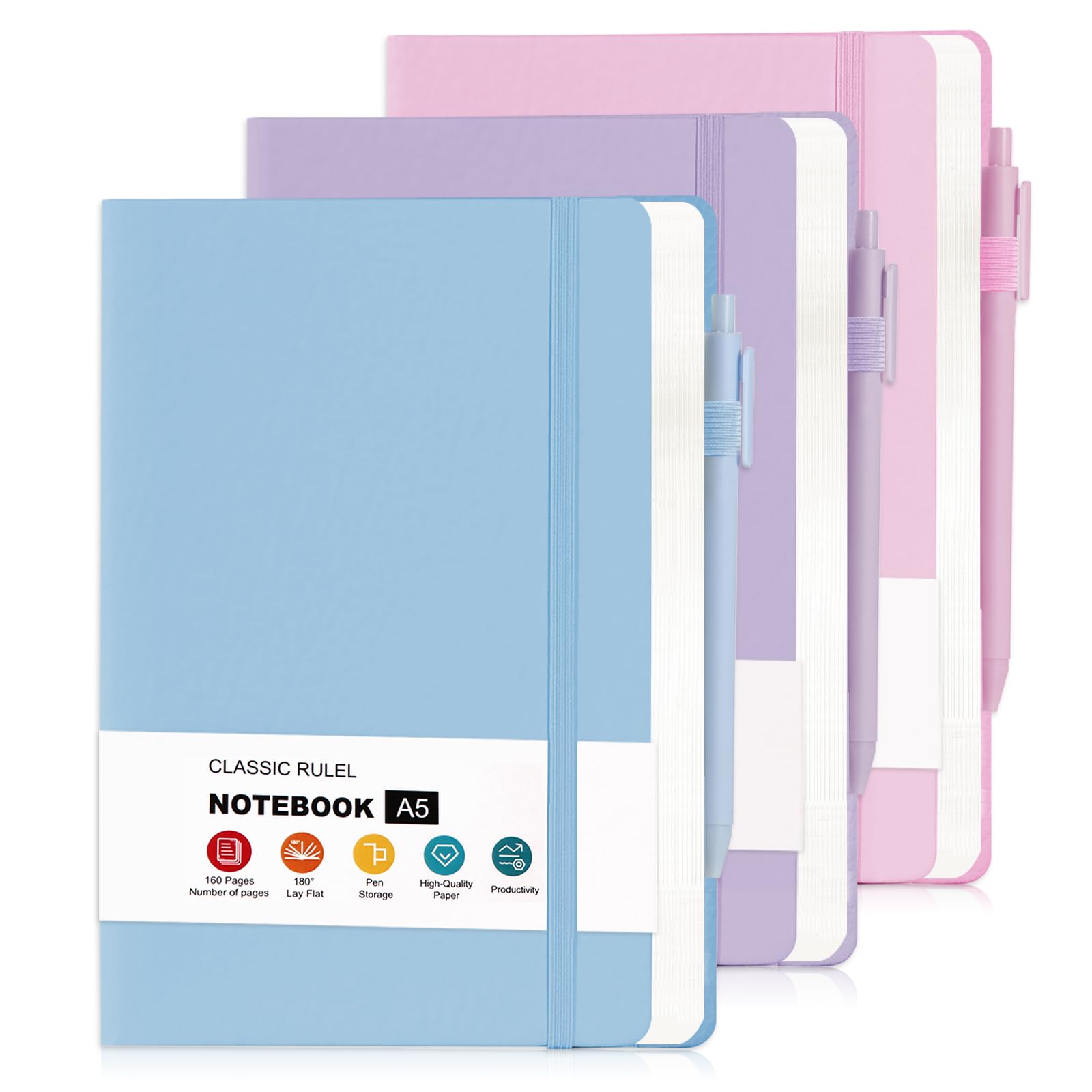 3 Pack Cuaderno Rayado,A5 Cuaderno con Forro de Tapa Dura de 480 páginas,Diario de Piel para Escribir, Oficina, Escuela, Negocio(3 Colors 20.8cm x14.5cm)