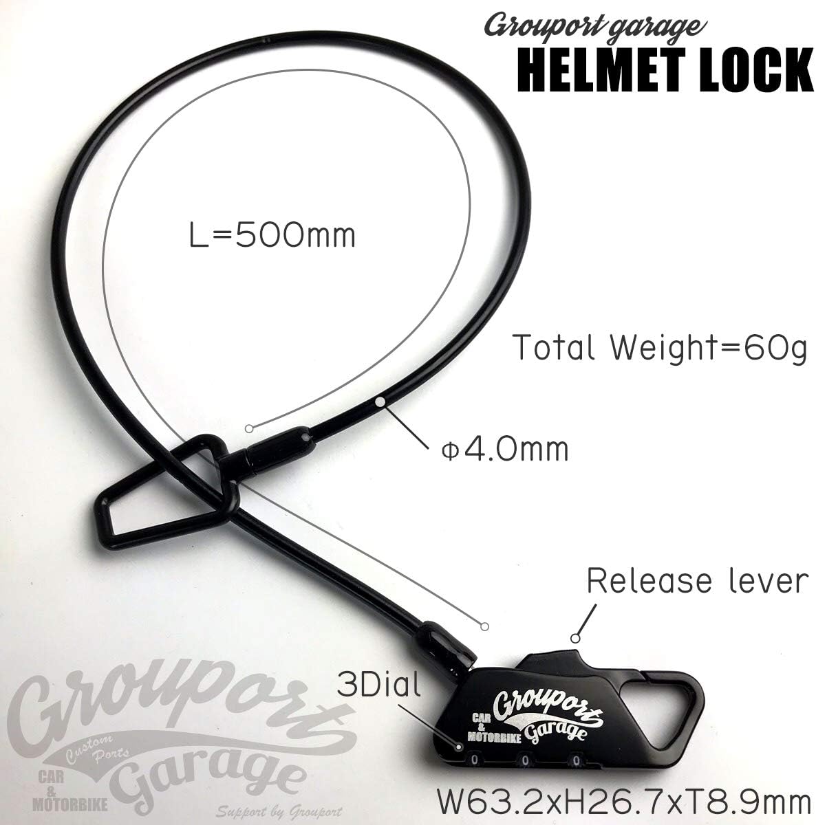Grouportgarage ヘルメットロック メットロック Φ4x500mm ワイヤー ダイヤルロック バイク ヘルメット 鍵 カギ (Φ4x500mm, 黒)