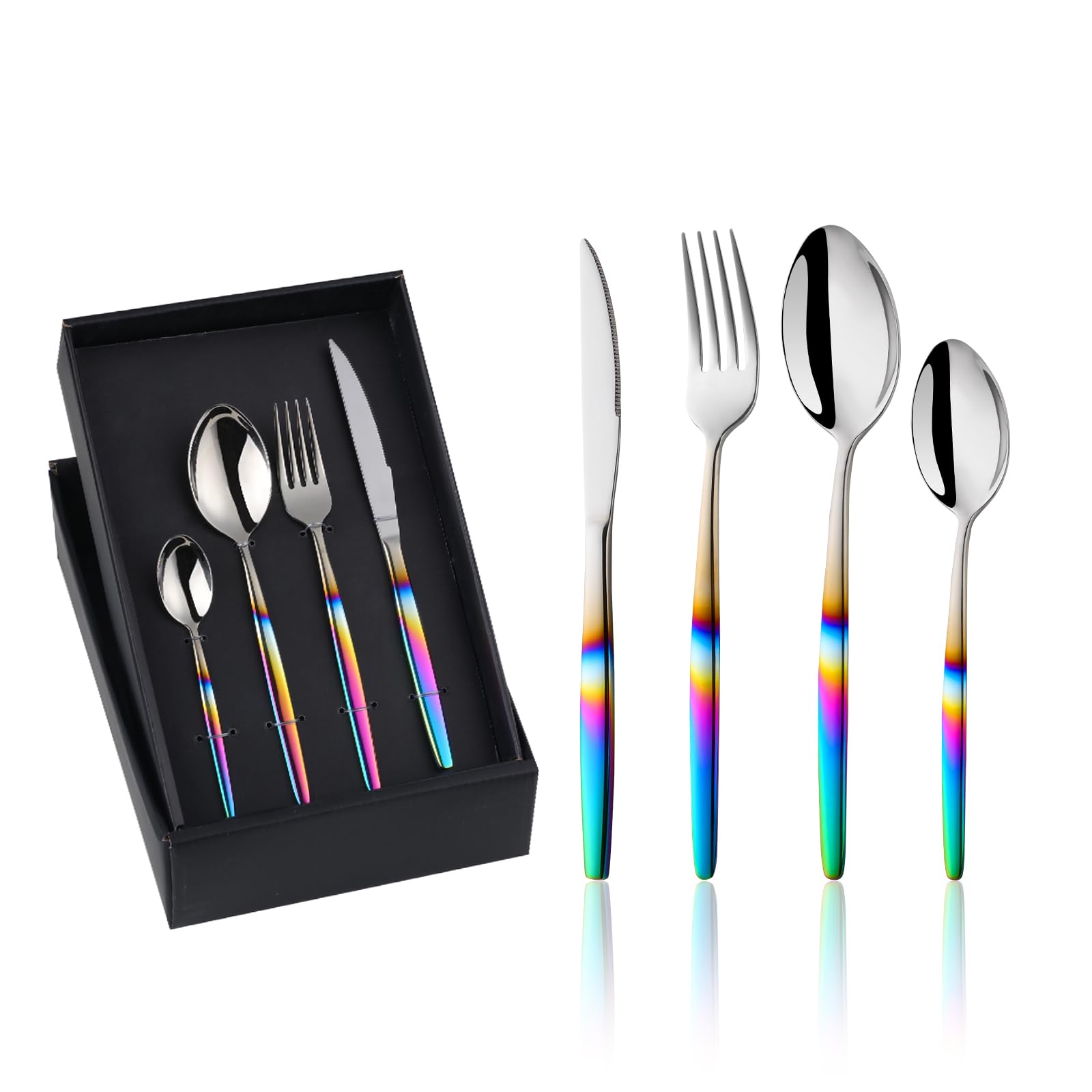 Buyer Star 16-teiliges Regenbogen-Besteckset aus Edelstahl, schillernder Griff, Löffel, Messer und Gabel Sets für 4, elegantes Besteck-Set, Geschirr für den Alltag und spülmaschinenfest