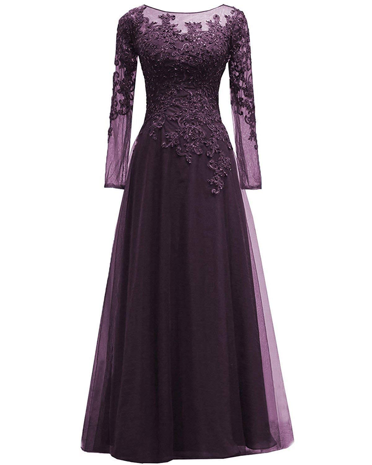 Leader Of The Beauty Women's Grape Elegant Lace Appliques Evening Dress Long Sleeves Formal Dress Chiffon Prom Gown-8