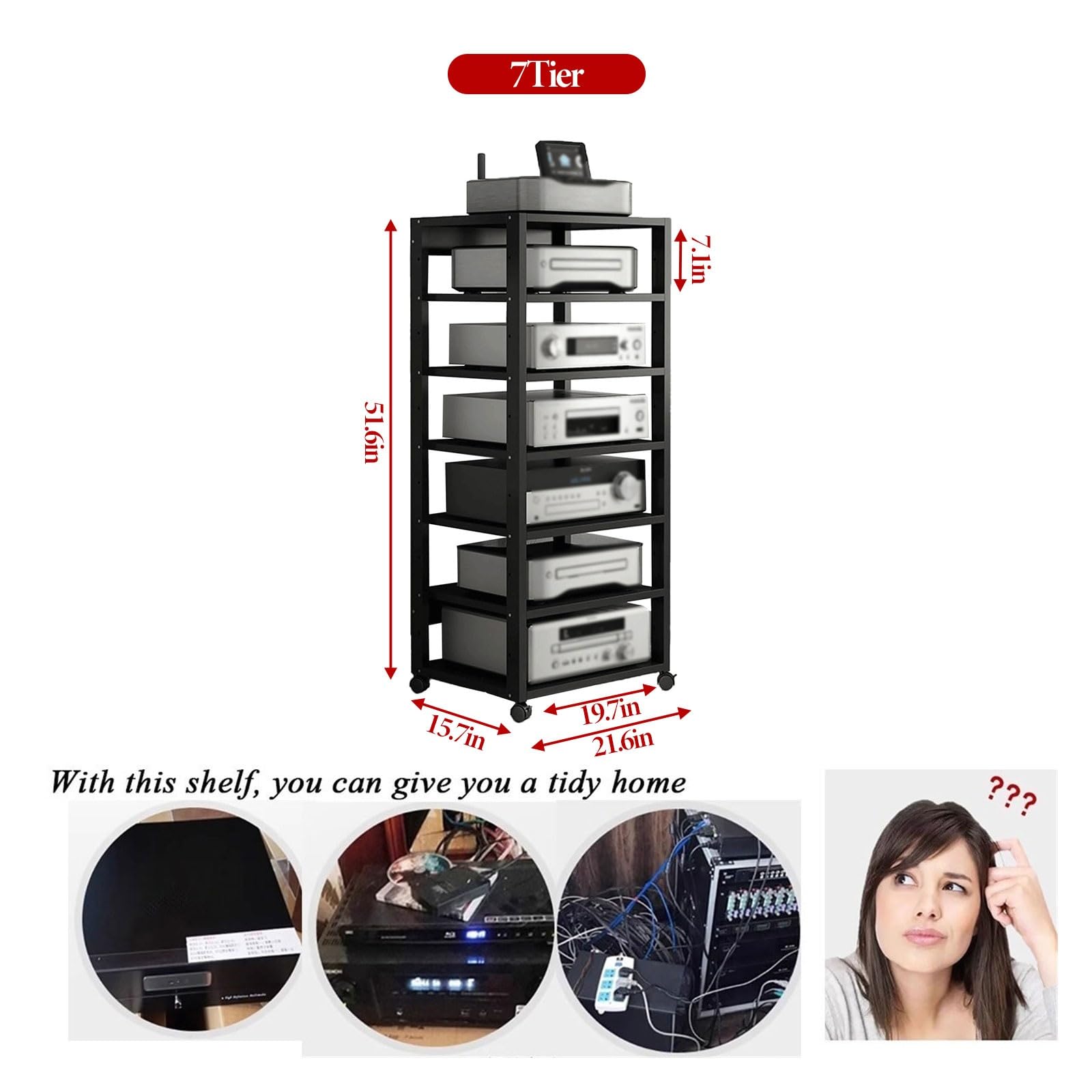 Estante for componentes de Audio de Alta Resistencia, Estante móvil for Multimedia con Ruedas, Soportes y Racks for Equipos de Sonido, Ideal for Salas de Juegos, grabación(Negro)
