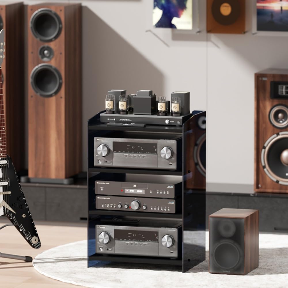 Regulowany akrylowy stojak audio do rozrywki komponent stereo 3/4-warstwowy stojak multimedialny Av z półką na konsolę do gier i stojakiem na odtwarzacz płyt do przechowywania, ciemny +