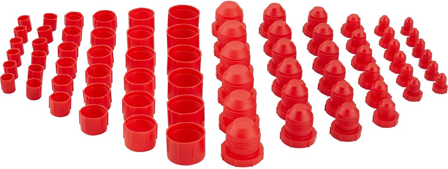 Speedway Motors 72-Piece Plastic AN Flare Fitting Cap and Plug Kit, Includes AN3 AN4 AN6 AN8 AN10 AN12 Sizes, Red Caps and Plugs for Fuel, Oil, and Fluid Line Service or Storage