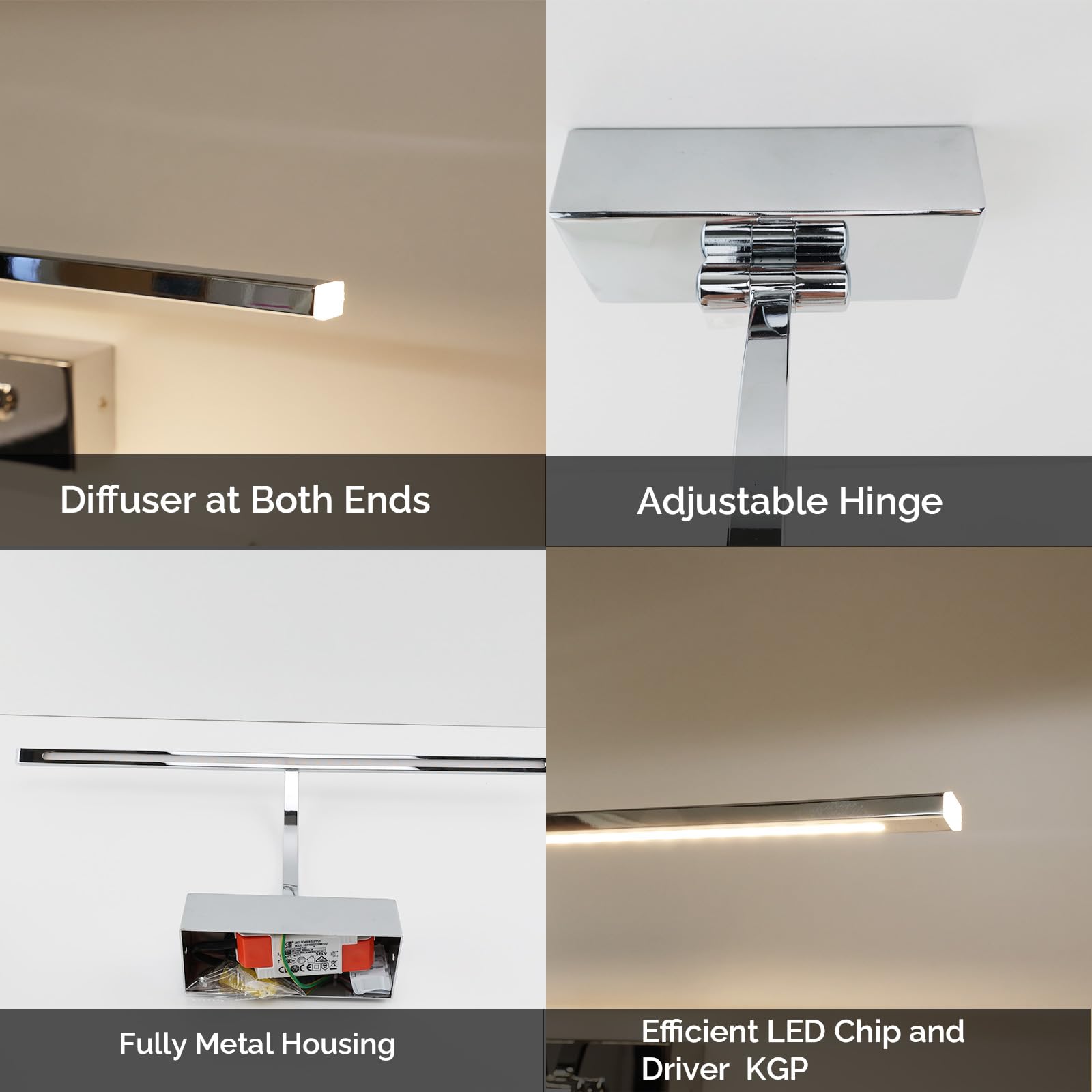 Alpinaluz Aplique Pared LED para Cuadros 8W 2700K Cromado Brillante 45,5 cm | Barra orientable 180° con difusores acrílicos para espejos, vitrinas, muebles y decoración mural