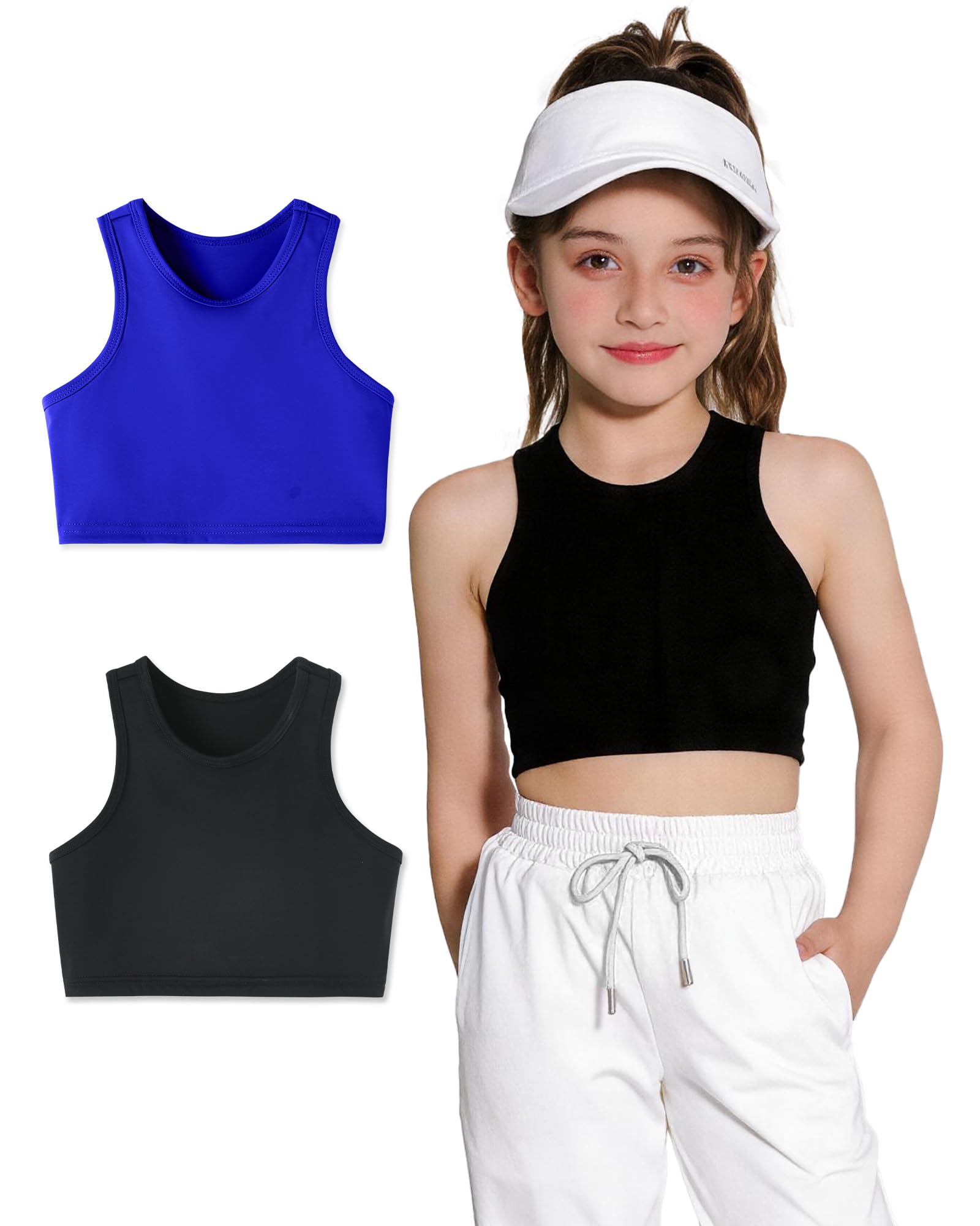 Girls Sports Bra Racerback Crop Tank Top for Kids High Neck Sleeveless Athletic Dance Top Teen 3-12Y