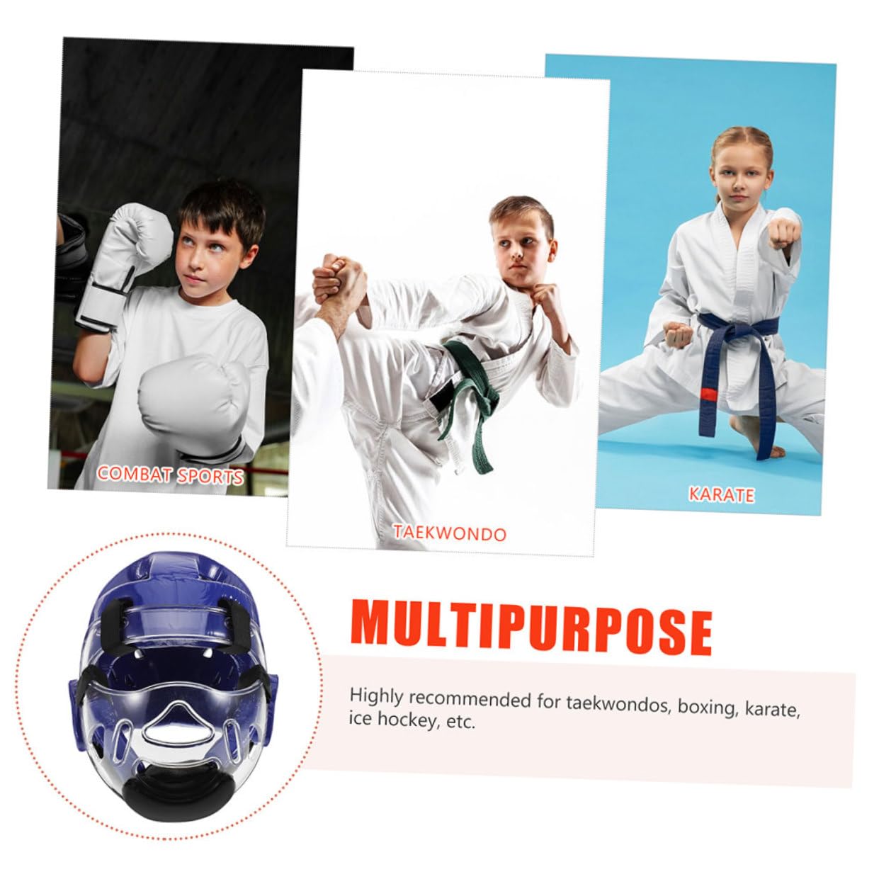 KOMBIUDA Casco Protettivo e Struttura Leggera in Plastica per Bambini da Taekwondo e Karate Imbottitura in Schiuma ad Alta Densità Blu per Allenamento e Sparring