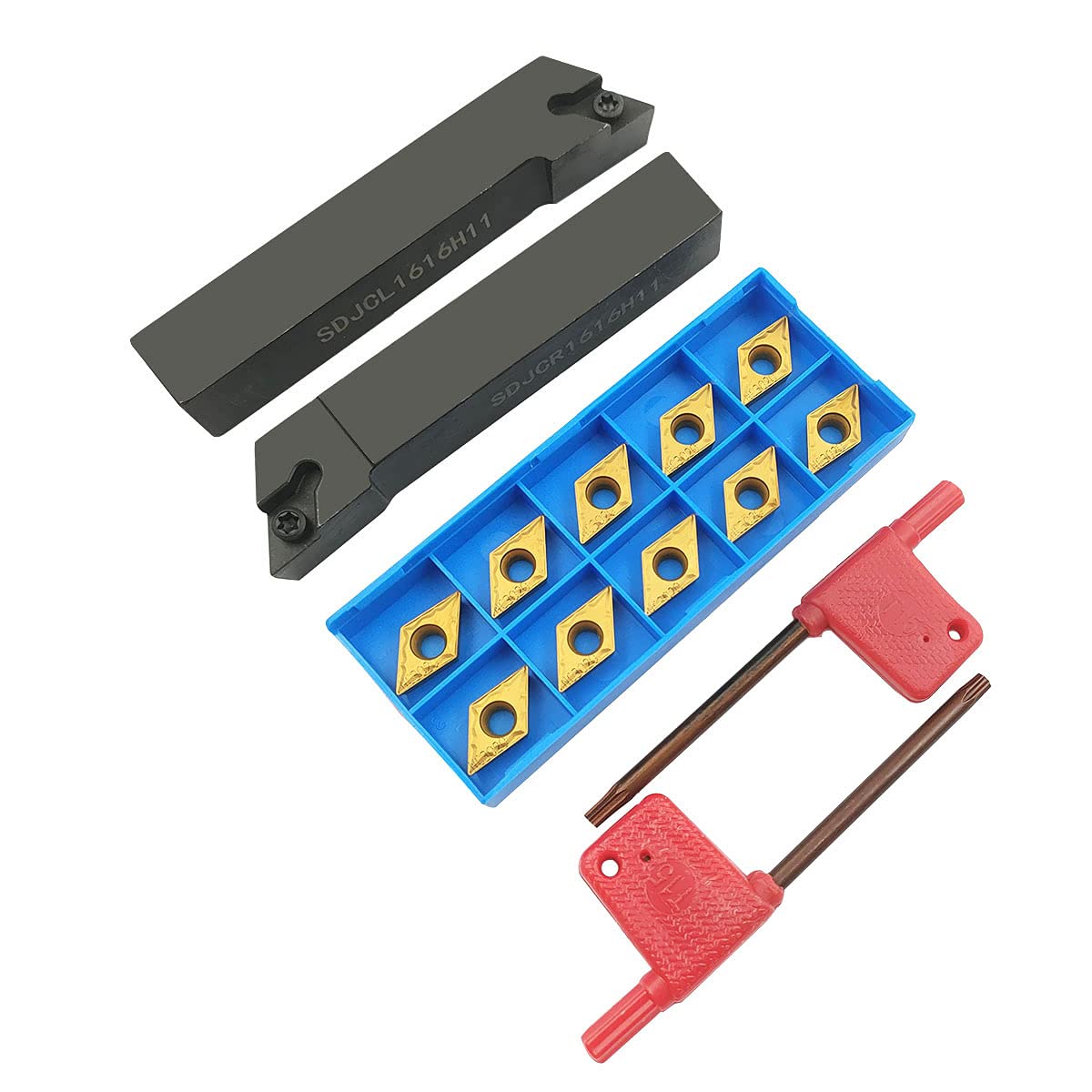 Barre d'alésage de 1,6 cm SDJCR1616H11 + SDJCL1616H11 - Support pour outil de tournage externe avec 10 inserts de tournage en carbure DCMT32.51/DCMT11T304-HMP NC3020
