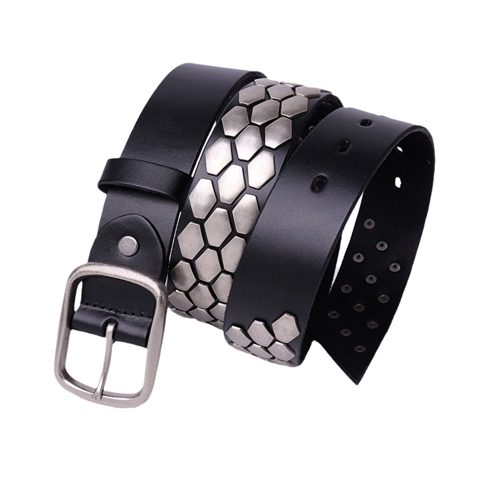 3 Reihen Metall Silber Besetzt Gürtel für Herren Damen 105cm - 125cm Länge Punk Rock Style Echtleder Nietengürtel Geeignet für alle Kleidungsstücke,Schwarz,120CM