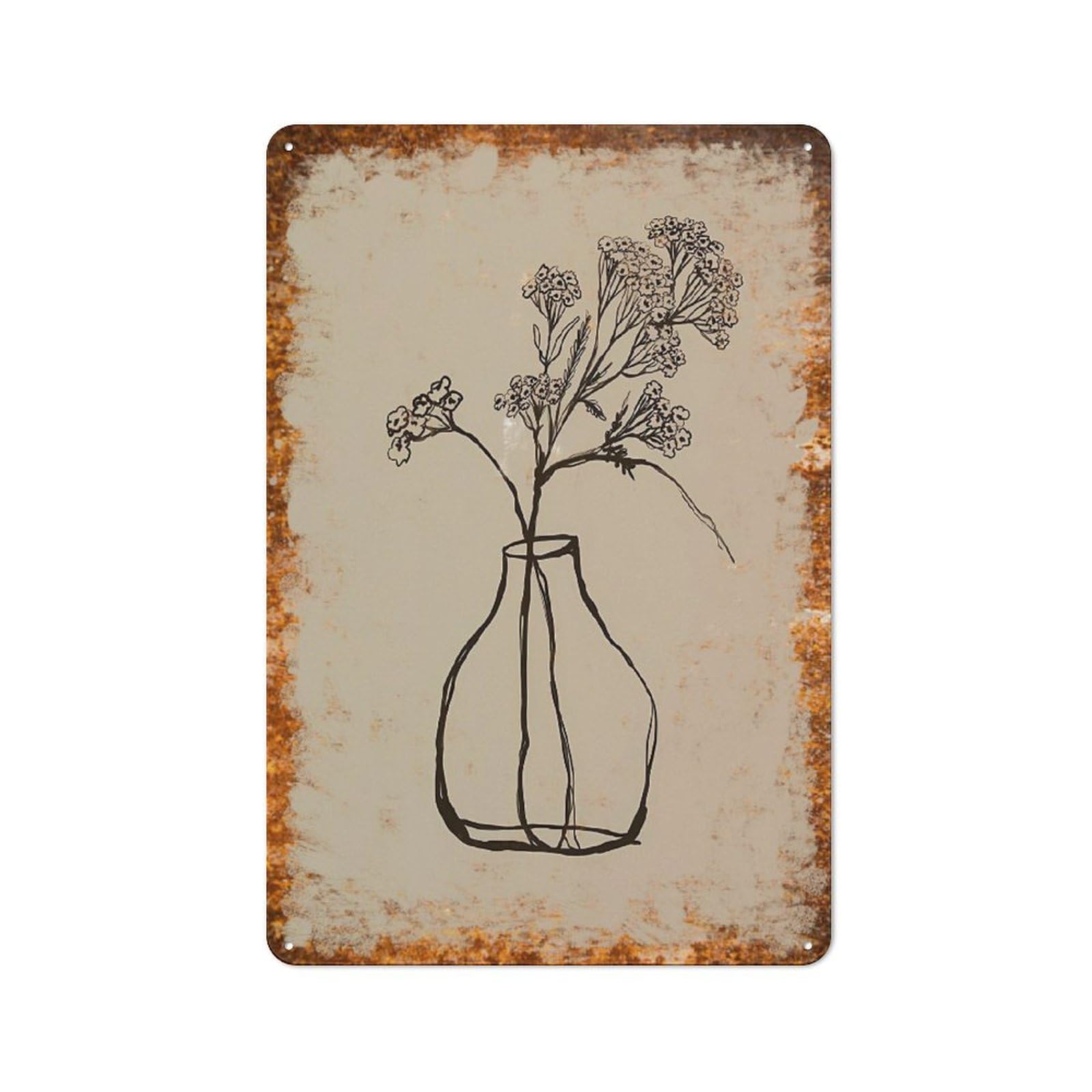 peiyeety Metal Tin Sign Vintage Floral Vase Sketch Art, Minimalist Botanical Home Accent, Durable Rustic Plaque for Bedroom, Living Room, Office,12x16 Inch