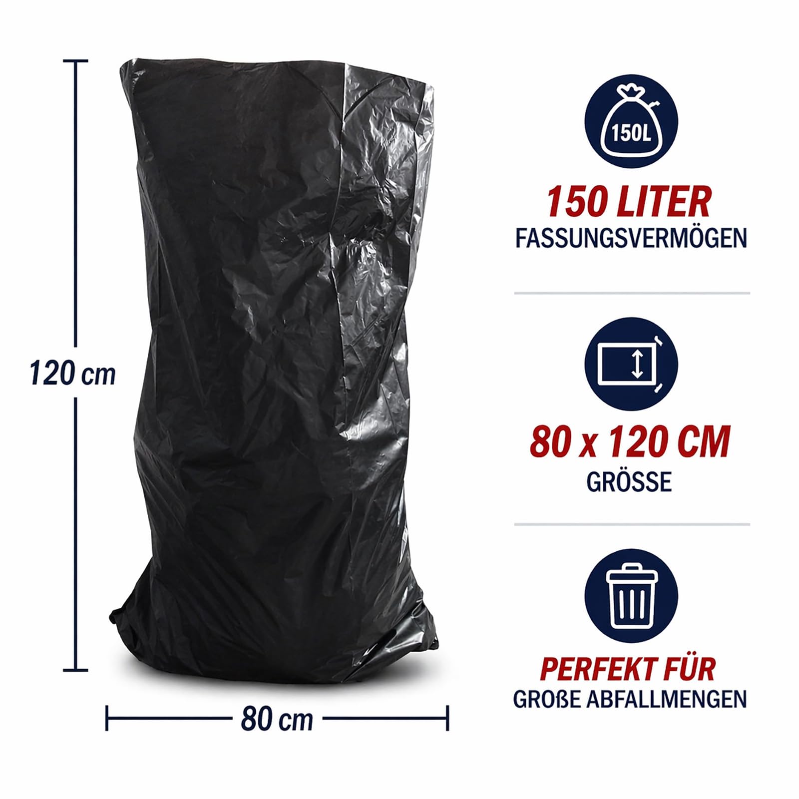 Sacco per rifiuti 150 L (77 my) - sacchi per rifiuti XXL antistrappo - 10 pezzi per rotolo - robusti sacchi per rifiuti grigio/nero per giardino, casa, cantiere e gastronomia come sacco per rifiuti.