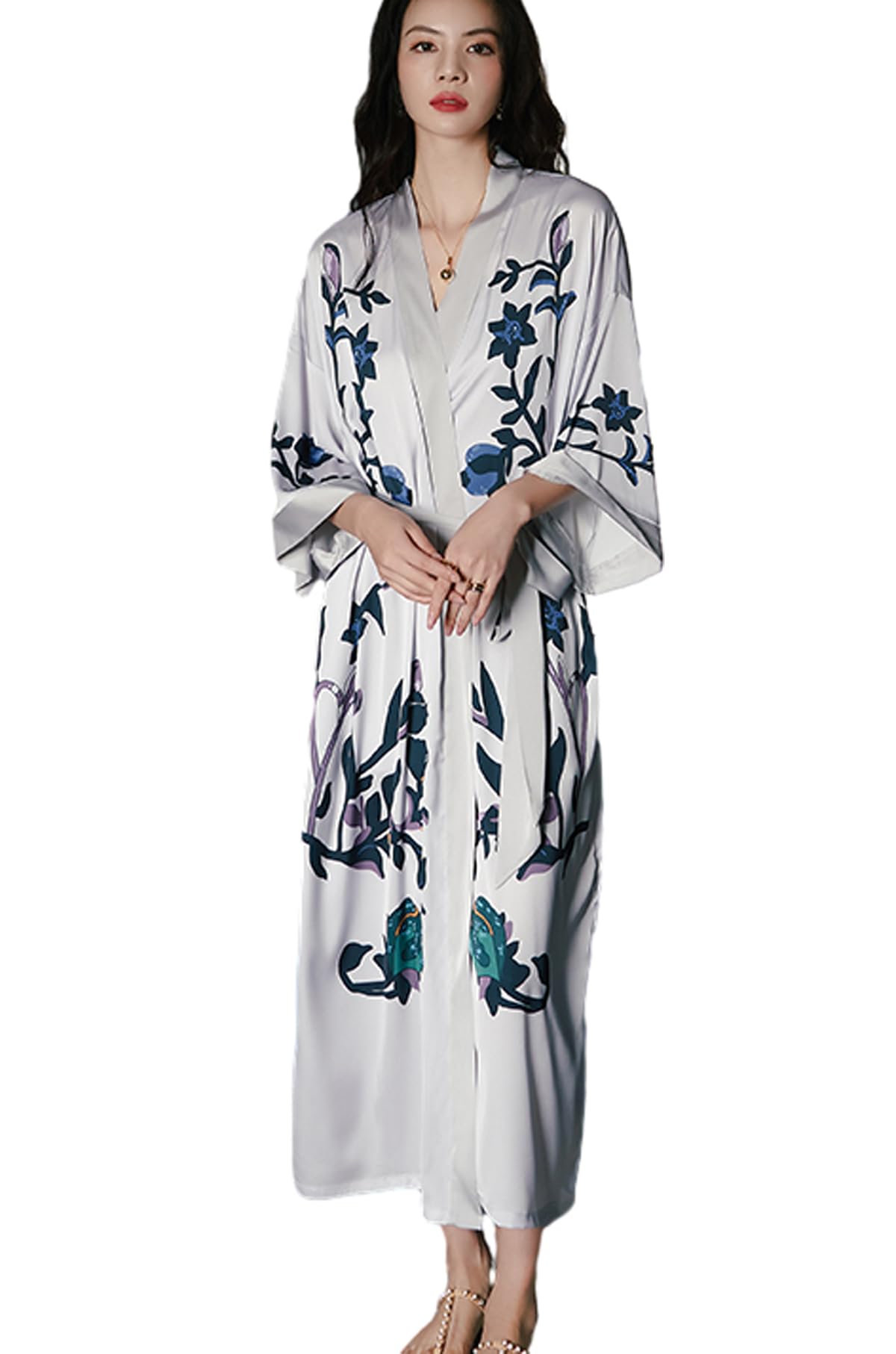 Daiwor Kout Silk Satin Robe for Women Long Japanese Kimono Robe Lightweight Soft Bathrobe Floral Luxury Dressing Gown